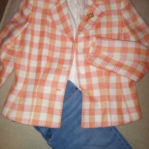 Vintage Amanda Smith,Stylish Orange Cream Gingham Women's Jacket, Size 14P